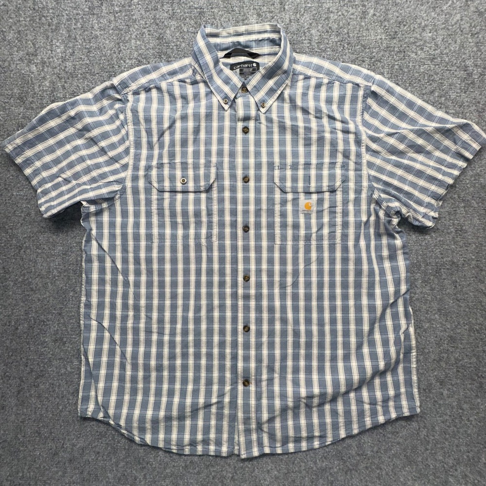 Carhartt Mens XL Loose Fit Short Sleeve Plaid‎ Button Down Work Shirt Blue White